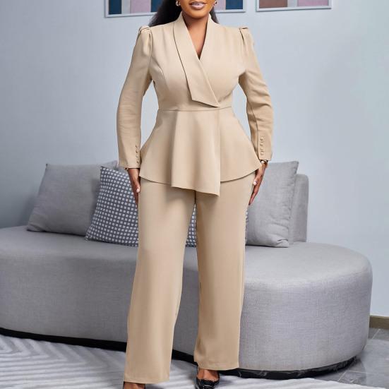 Damskie Zestawy 2-częściowe Plus Size Blazer z Długim Rękawem z Falbaną i Nierównym Dołem + Spodnie Garnitur Biznesowy Zestaw do Pracy Biurowej