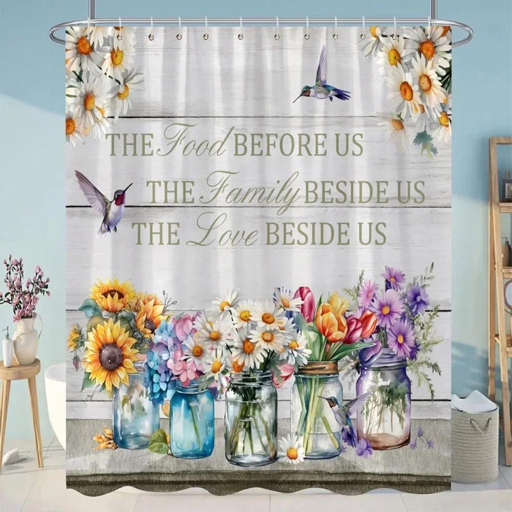 Sunflowers Lavender Shower Curtains Green Plants Popular Flowers Small White Daisy Butterflies Hanging Curtains Bathroom Decor