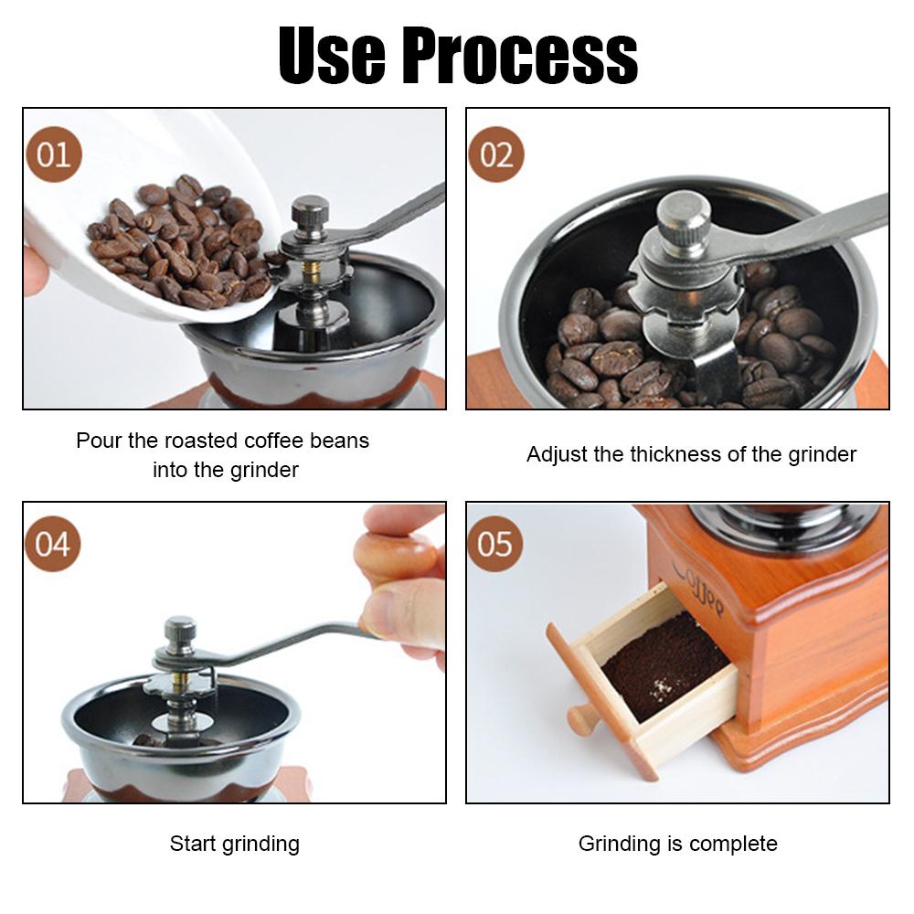 Trä manuell kaffekvarn i retrostil handtag i rostfritt stål kafferedskap med keramisk kvarnsten kryddkvarn med burr