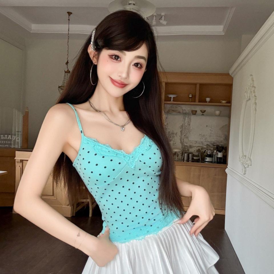 #Summer new sweet and spicy style jacquard print sling vest female slim one-piece chest pad versatile top