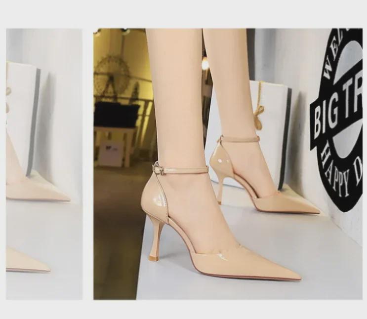 European & American High Heel Pointed Patent Leather One-Strap Sandals with Sexy Hollow Design