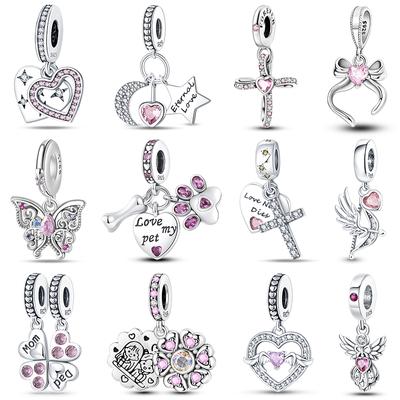 100% 925 Sterling Silver Cupid Cross Angel Heart Shape Pink Zircon Charms Beads Fit 925 Original Bracelets DIY Jewelry