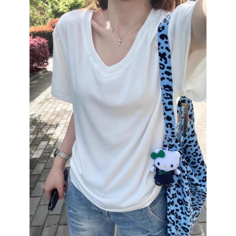 Korean Style Simple V-neck Lazy Style Short-sleeved T-shirt Women Summer New Loose Drapey Versatile Half-sleeved Top