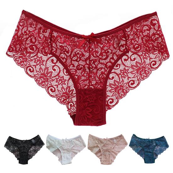 Bragas de mujer de cintura baja con encaje calado y buena transpirabilidad, bragas de color sólido ajustadas