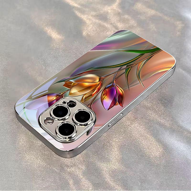 Iridescent Tulip Electroplated Silver Phone Case For iPhone 17Air 17 16 15 14 13 12 11 Pro Max Plus 16E XR 7 8 X Xs Glass Cover