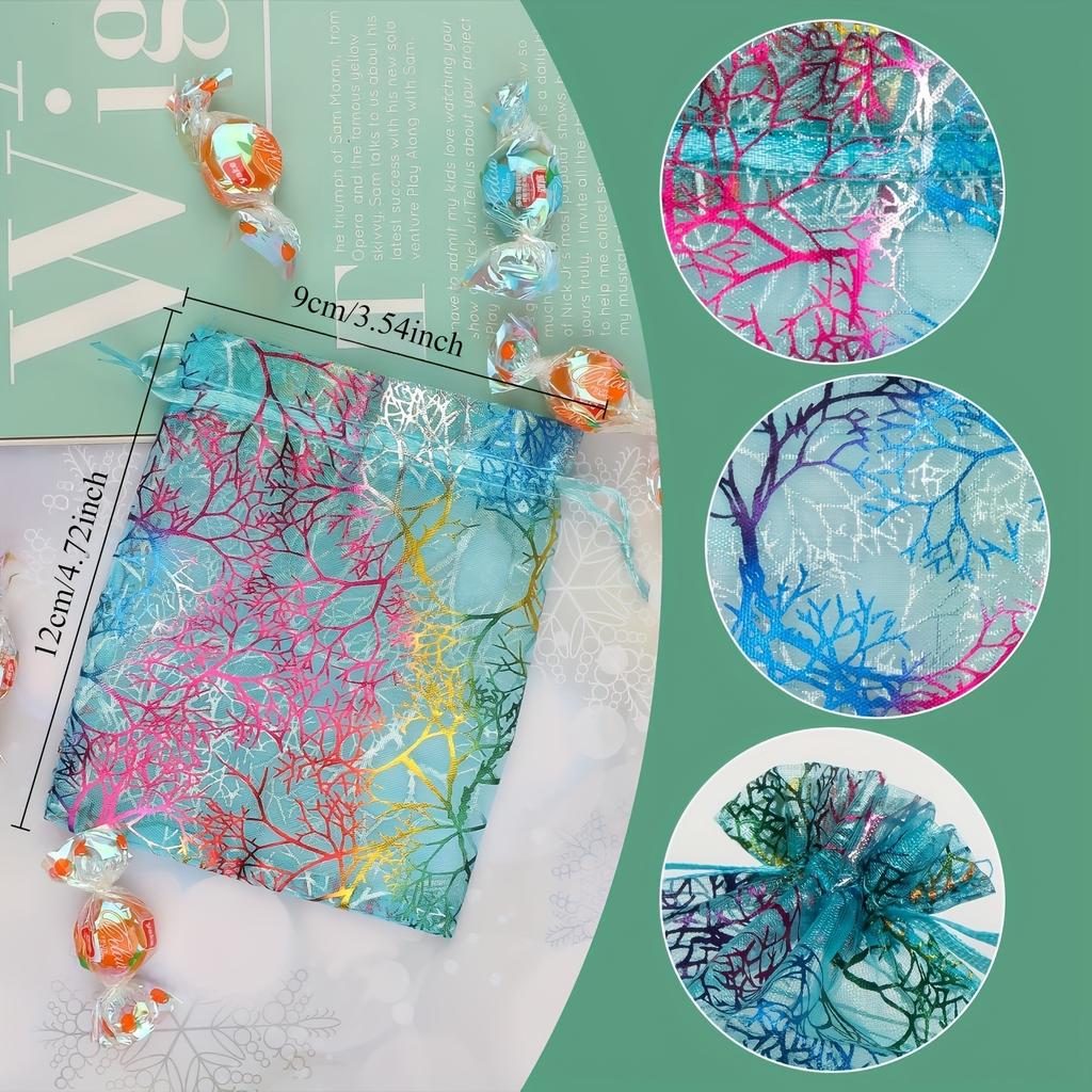 50pcs Elegant Jewelry Gift Bags Closure Golden Floral Design Mesh Pouches Candy Party Favors Organza Gift Bags with Drawstring