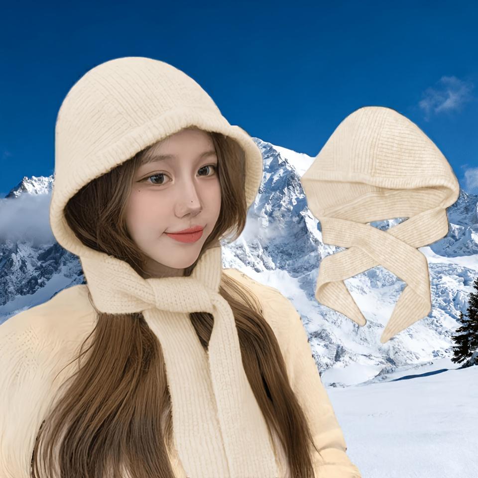 Womens Fall Winter Balaclava Cap Shawl Scarf Integrated Hood Wind Resistant Cozy Ear Neck Protector Knitted Beanie