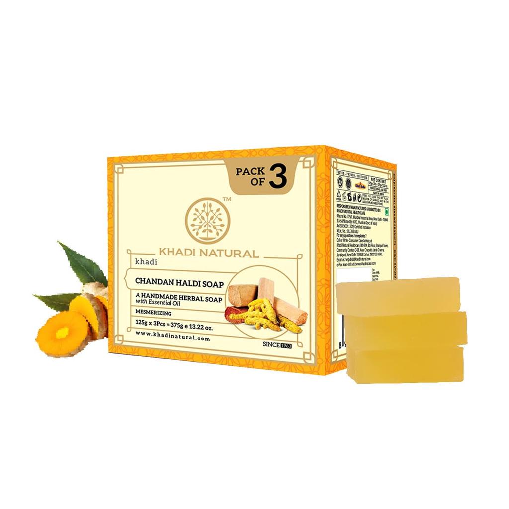 Khadi Natural Chandan Haldi Herbal Bath Soap Bars With Essential Oils Gentle Cleansing Bathing Bar For All Skin Types Pack of 1 ( (125g x 3pcs)