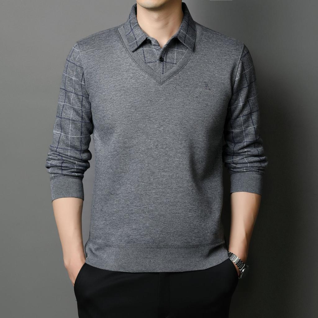Business Casual Men's Middle-aged Fashion Pullover Men's Sweater Fake Two Pieces Autumn New Shirt Collar Sweater