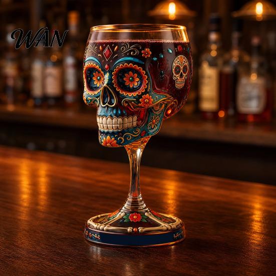 Marigold Design Wine Glass Gothic Skull Glass, Hand Painted Skeleton Goblet, Day Themed Party of The Dead Decor, Unique Bar Gift for Halloween