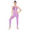 Tuta da ginnastica da donna asimmetrica sulle spalle con schiena scoperta e cinturini, pantaloni lunghi con strass
