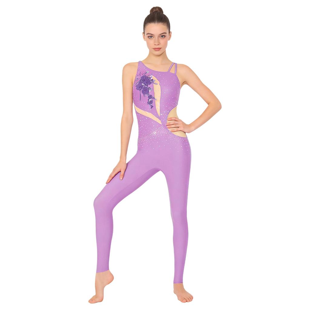 Tuta da ginnastica da donna asimmetrica sulle spalle con schiena scoperta e cinturini, pantaloni lunghi con strass