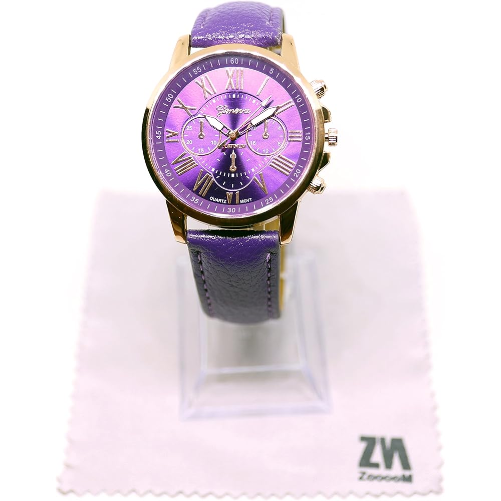 ZooooM Analog Quartz Watch Round Face Purple Faux Leather Strap Chronograph Casual Business Unisex