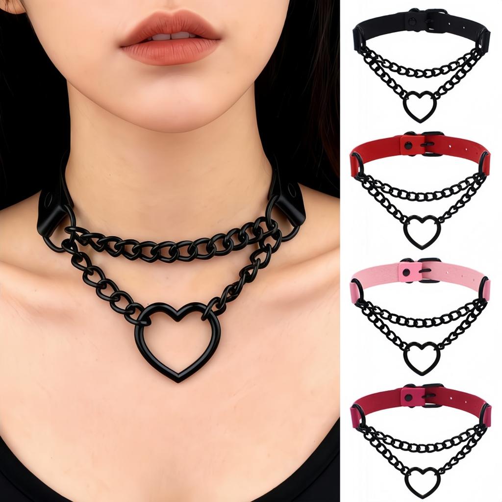 Environmentally Friendly PU Leather European and American Harajuku Peach Heart Black Chain Collar Necklace Trendy Love Collar Neck Collarbone Chain