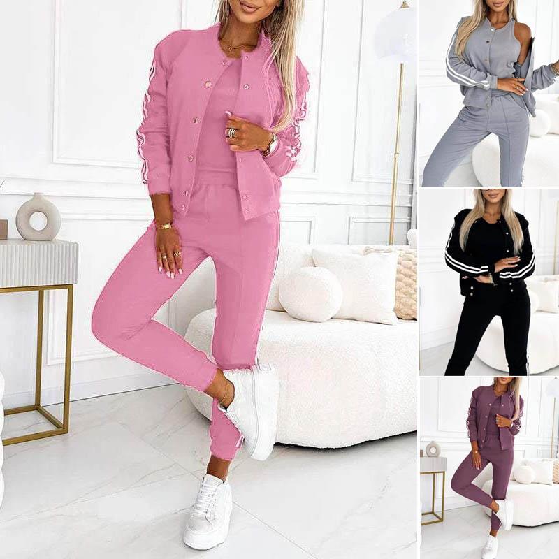 3 Pcs/Set Women Coat Vest Pants Set Long Sleeve Cardigan O Neck Sleeveless Vest Elastic Waist Wide Leg Trousers Casual Loose Pantsuit Fall Spring