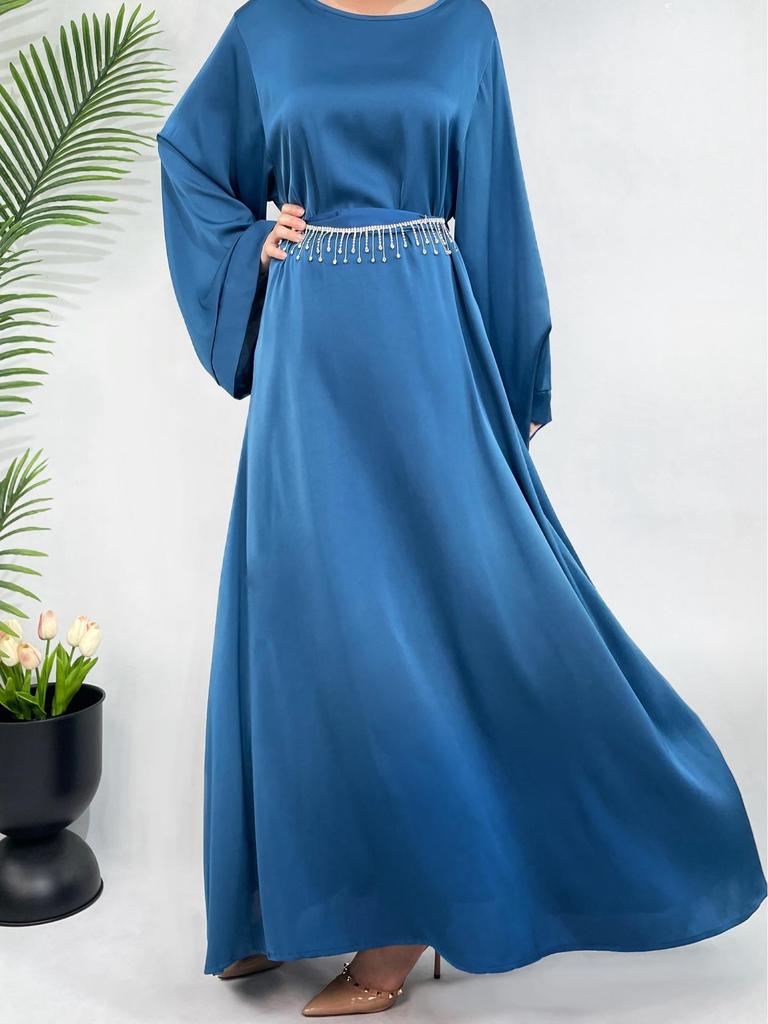 Rhinestone Waist Belt Satin Dress: Elegant Middle Eastern Abaya for Plus Size Women