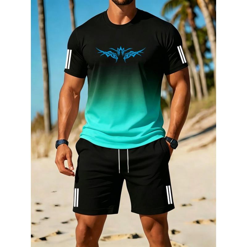 Summer New Men'S Casual Style Gradient Athletic Set, Gradient Short Sleeve T-Shirt And Drawstring Shorts