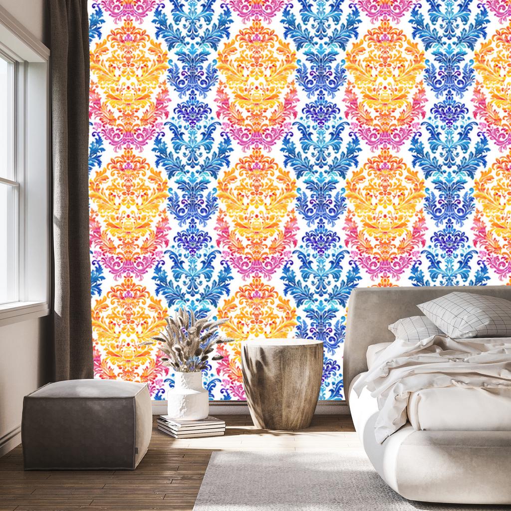 Baroque Damask Wallpaper Cream, Blue and Azure 50x1000