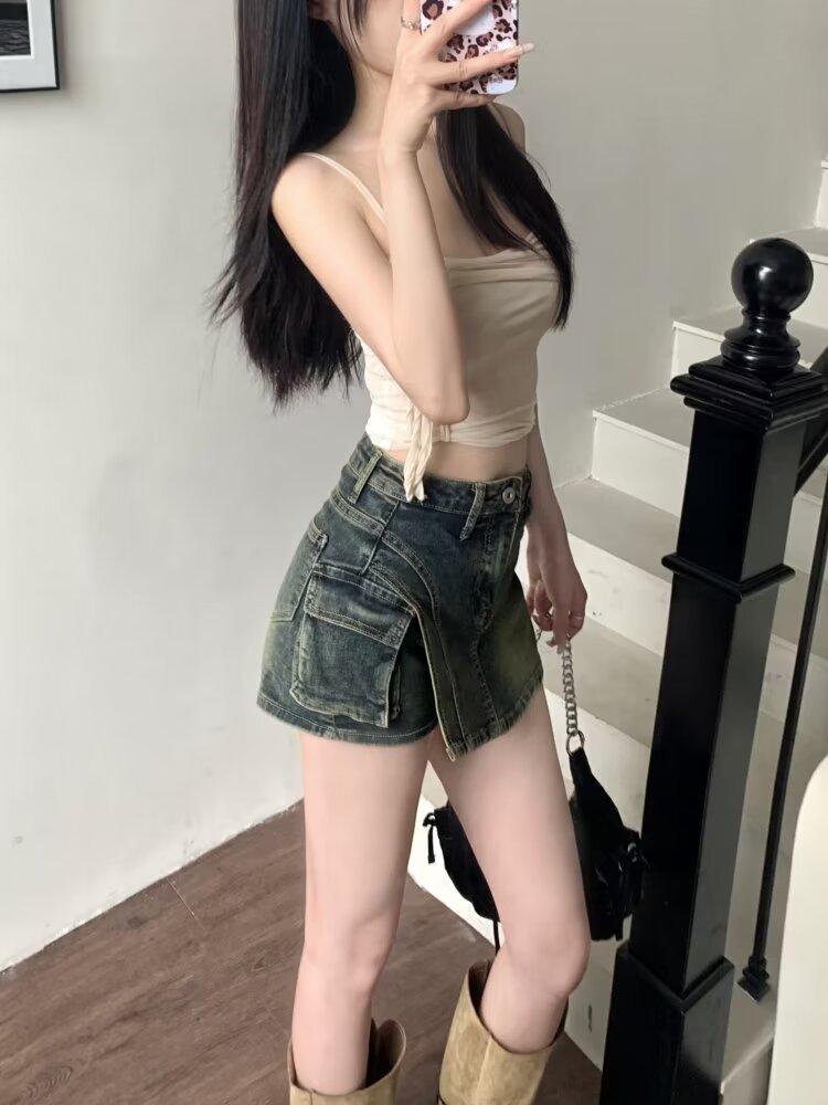 2024 Summer American Retro High-Waist A-Line Denim Skirt with Pockets