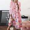 Lässiges, bequemes Damenkleid mit Rundhalsausschnitt, Schmetterlings-/Blattdruck und langen Ärmeln