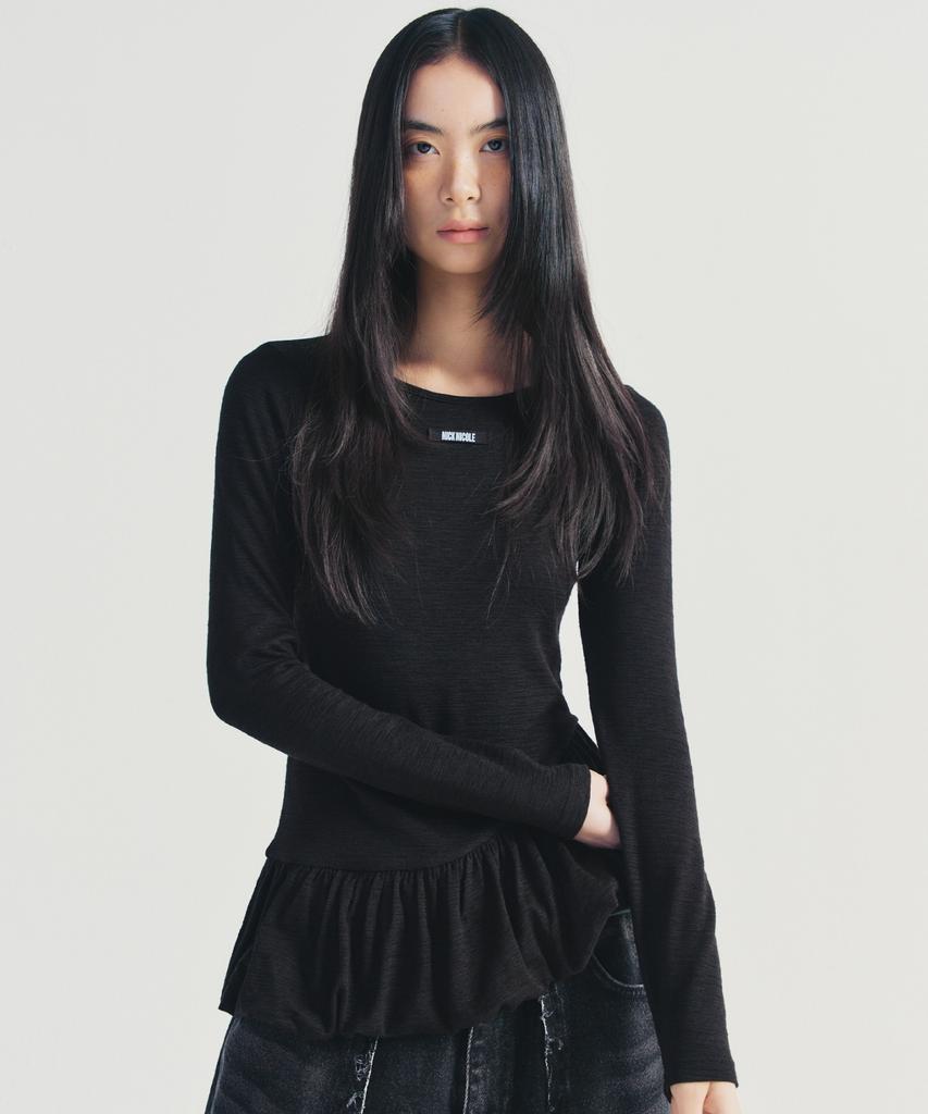 Nigaennikol Ruffle Label Long Sleeve Top_Black