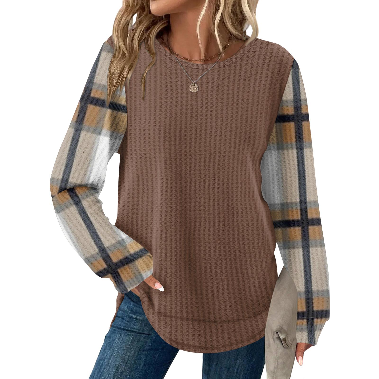 Women s Plaid Print Round Neck Long Sleeve Casual Loose Top L бежевый
