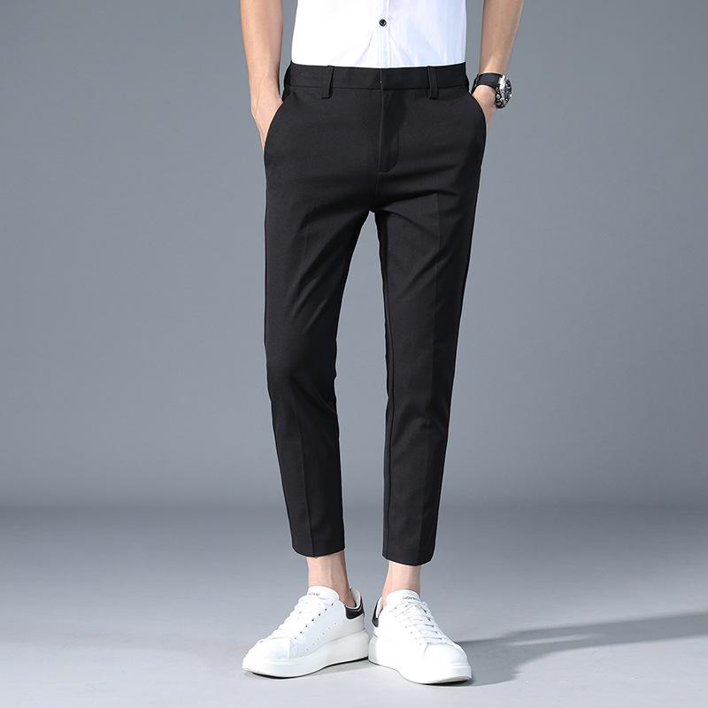 Men's Slim Straight High-Rise Casual Pants, Wrinkle-Resistant with Drape Texture, All-Season Nine-Point Suit Pants