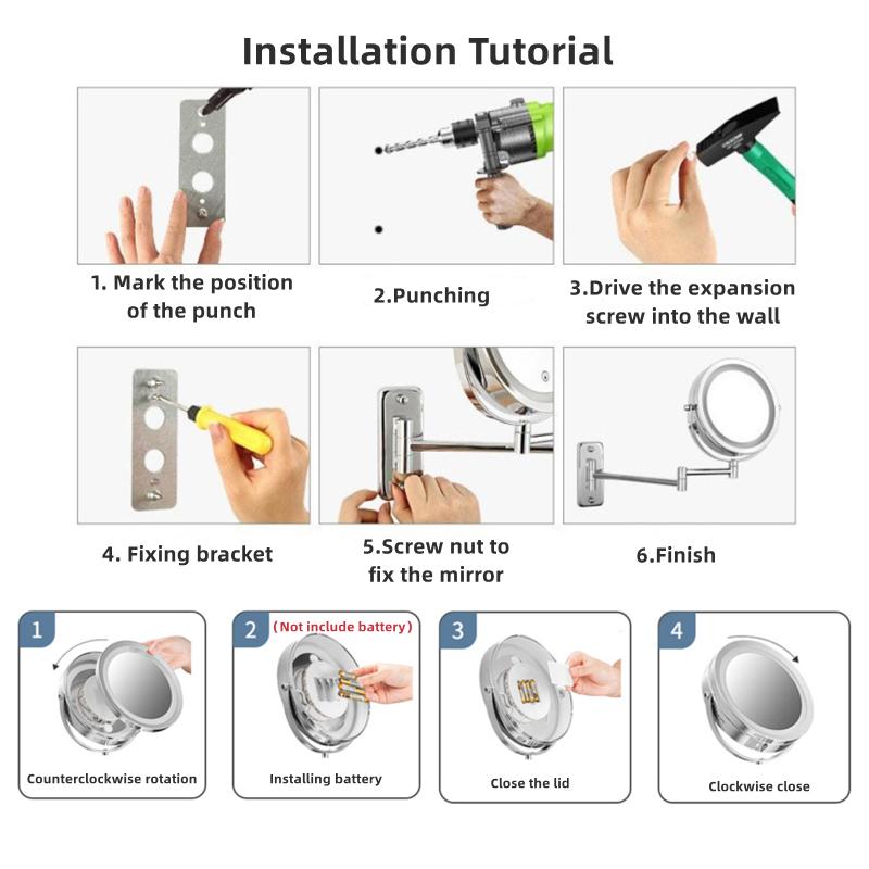 Wall Mounted Folding Arm Extend Bathroom Mirror With LED Light 10X Magnification Double Side Touch Dimming Makeup Mirrors