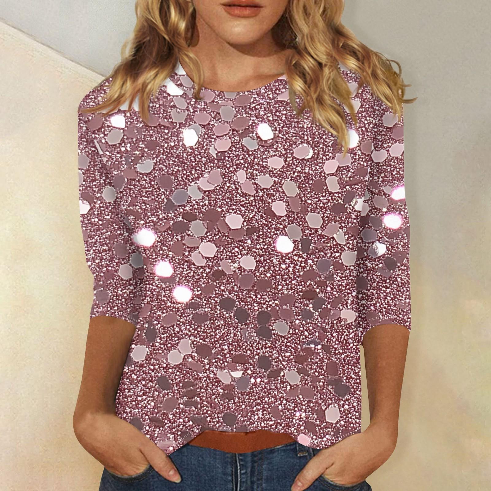 

Женская мода повседневная три четверти рукава с принтом пайеток круглый вырез топ M