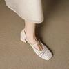 Scarpe Francesi Singole alla Moda Donna Primavera Estate Traforate Intrecciate Punta Quadrata Tacco Gatto Tacco Blocco Sandali Bianco Sporco