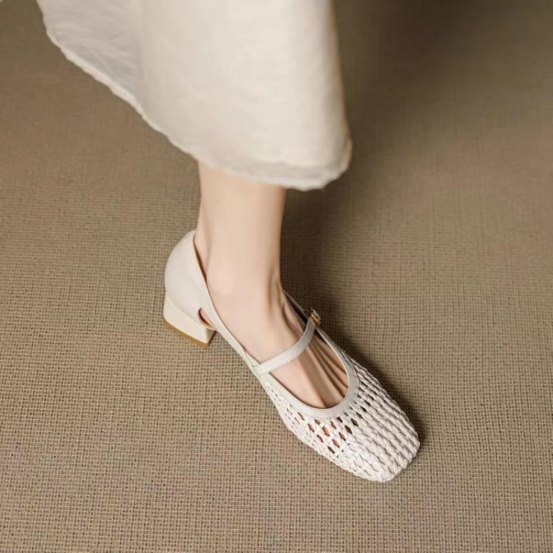 Scarpe Francesi Singole alla Moda Donna Primavera Estate Traforate Intrecciate Punta Quadrata Tacco Gatto Tacco Blocco Sandali Bianco Sporco