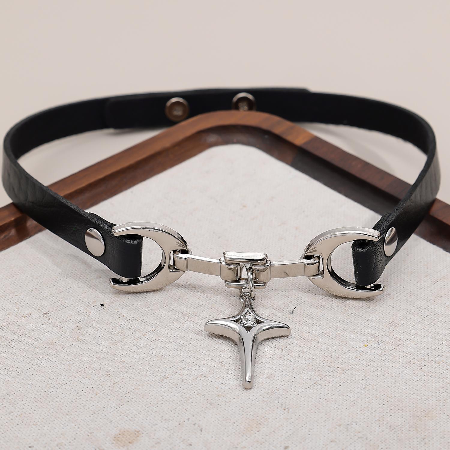 

2026 New Punk Dark PU Leather Cross Chocker Neck Strap Daily Clavicle Chain Collar Female чёрный