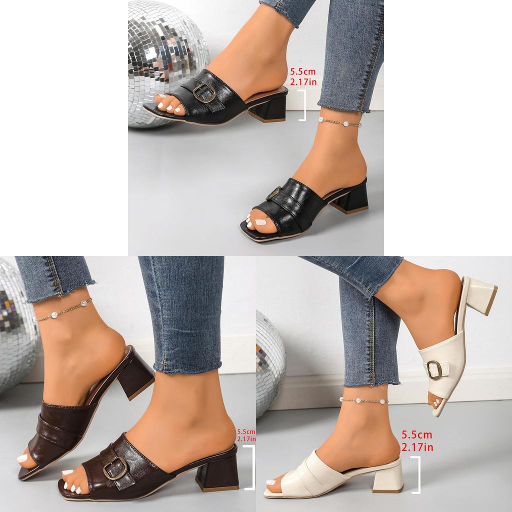 Womens Style Square Toe Pu Flat Slide Sandals Summer Casual Comfortable For Beach Walks