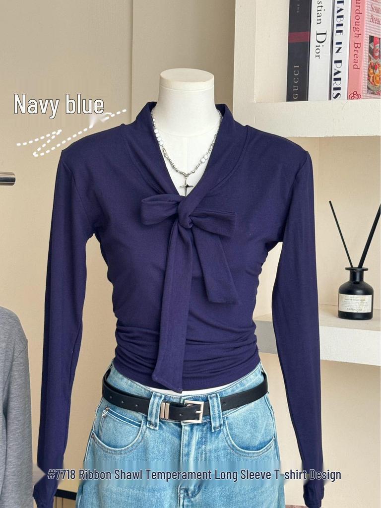 Women's Urban Style V-Neck Long Sleeve Slimming Shirt with Shawl Decoration for Early Autumn