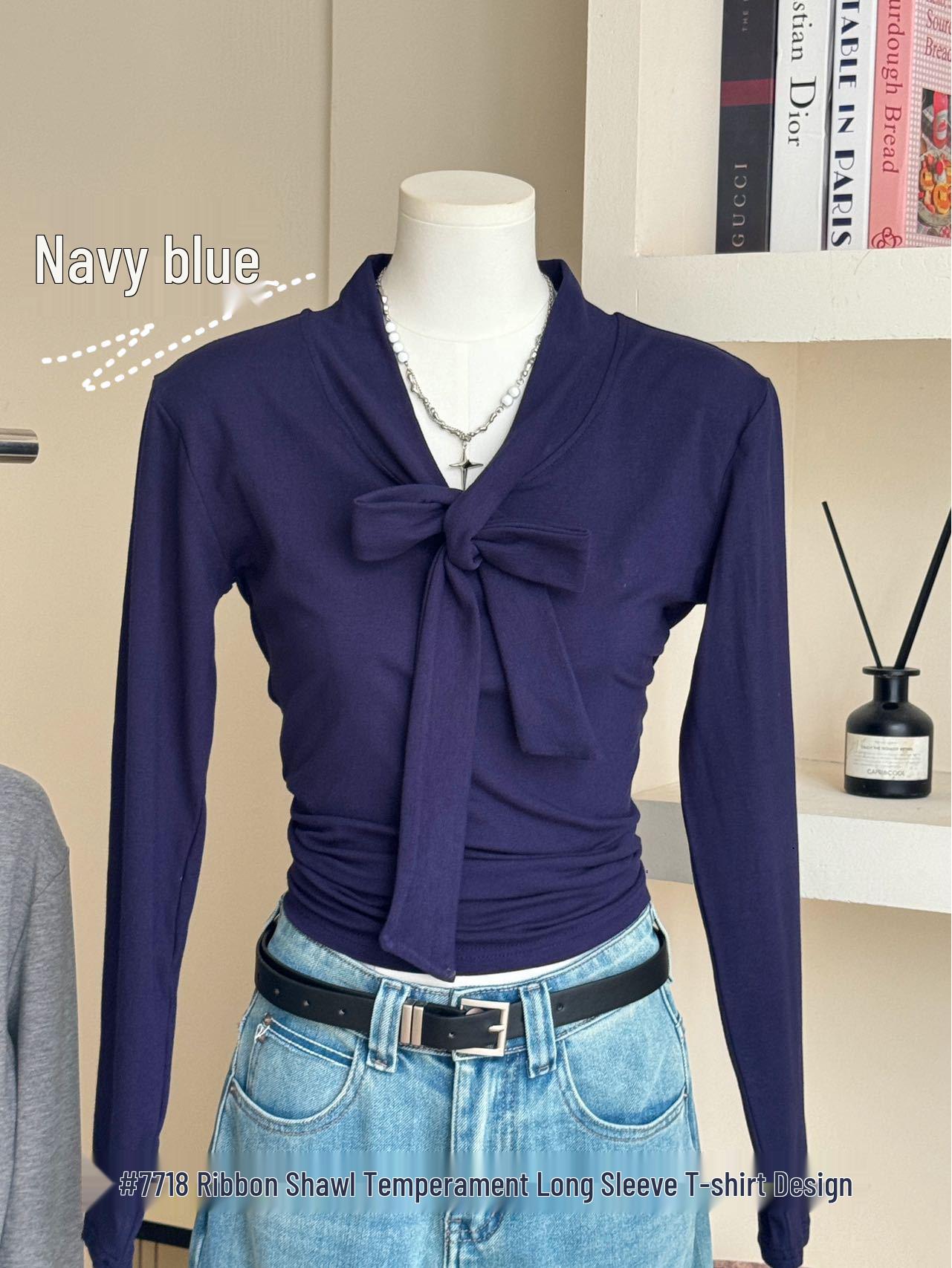 

V-neck Long Sleeve Navy Blue Slimming T-Shirt with Shawl Ribbon Trim - Women s Early Autumn 2025 One Size темно-синий