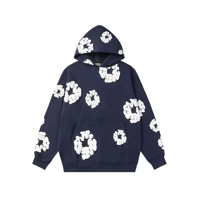 Autumn Men Black Floral Print Hooded Casual Sweatshirt Hoodie