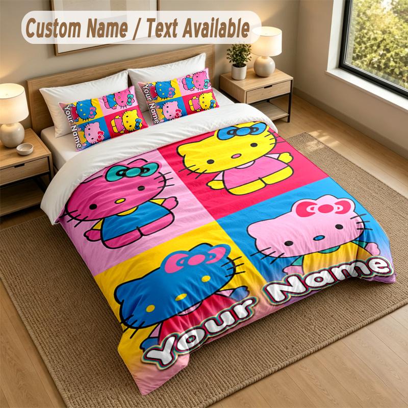3Pcs Bedding Set Custom Name Text, 1 Sheet 2 Pillowcases Home Bed DecorHello Kitty
