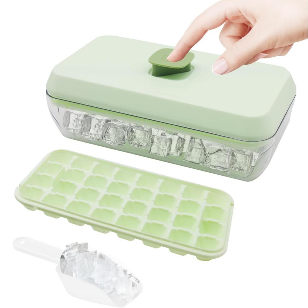 Silicone Ice Maker with 18 Square Ice Easy Ice Large for Home Includes Shovel Lid, Cubes, Removal, Capacity, Freezing, (Green)