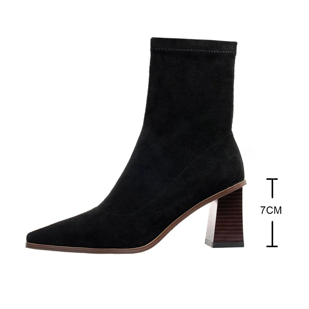 Fashion Autumn Winter Fashion Kid Suede Women Boots Pointed Toe Yarn Elastic Ankle Boots Thin Heel Shoes Slip-on Female Socks Botas Femi