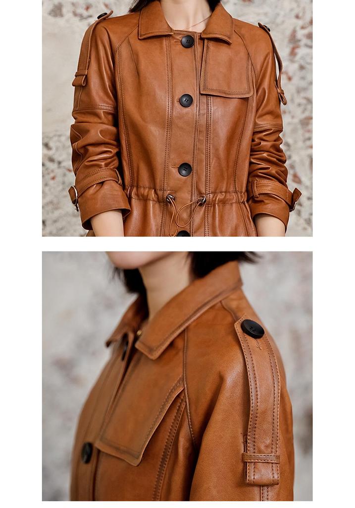 Women's Genuine Leather Waist-Cinching Motorcycle Jacket - Spring/Autumn 2026 European American Style