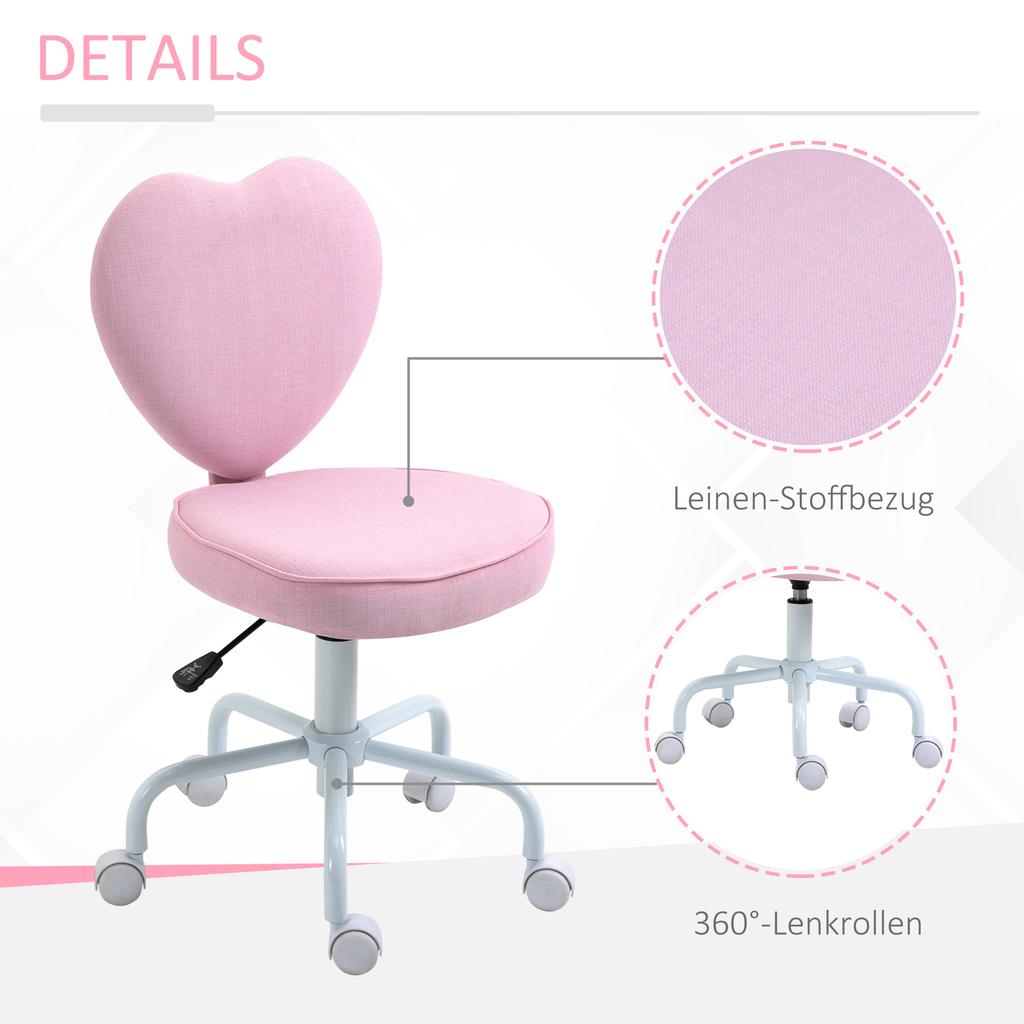 Silla giratoria, Bonito diseño de corazón, Altura regulable, Funda de tela con aspecto de lino, Rosa, 42 x 50 x 79-89 cm
