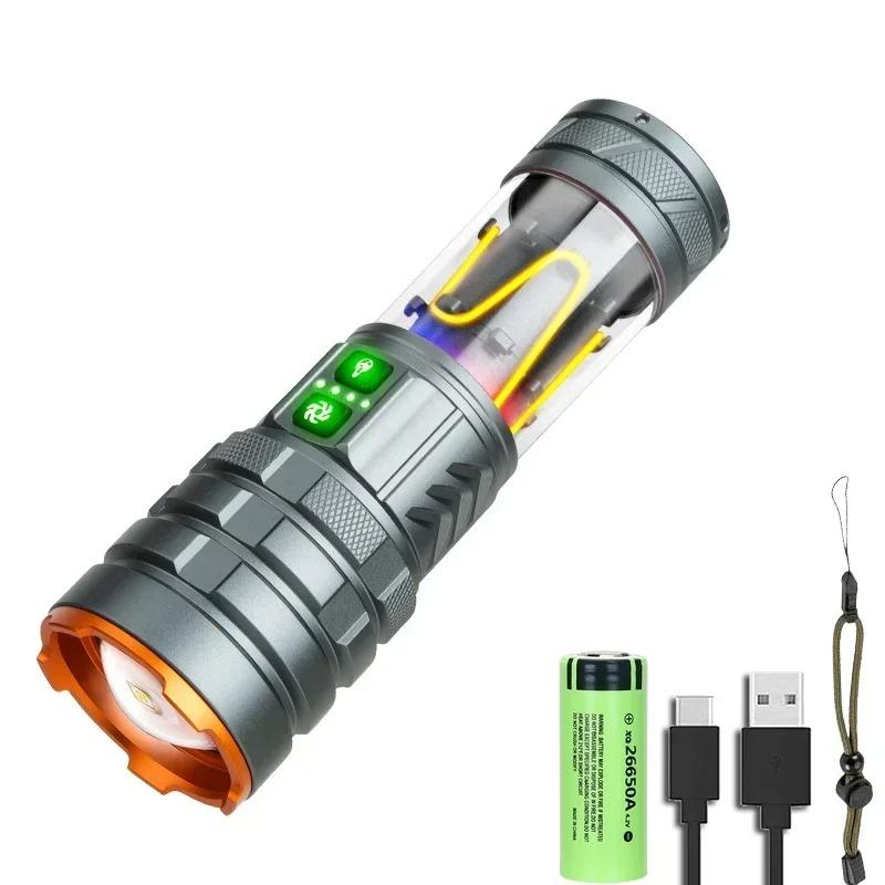 

Светодиодный фонарик, перезаряжаемый через Type-C, режимы освещения, тактический фонарь с двойным светом и зумом, уличный, водонепроницаемый, аварийный, кемпинговый фонарь long style 40W