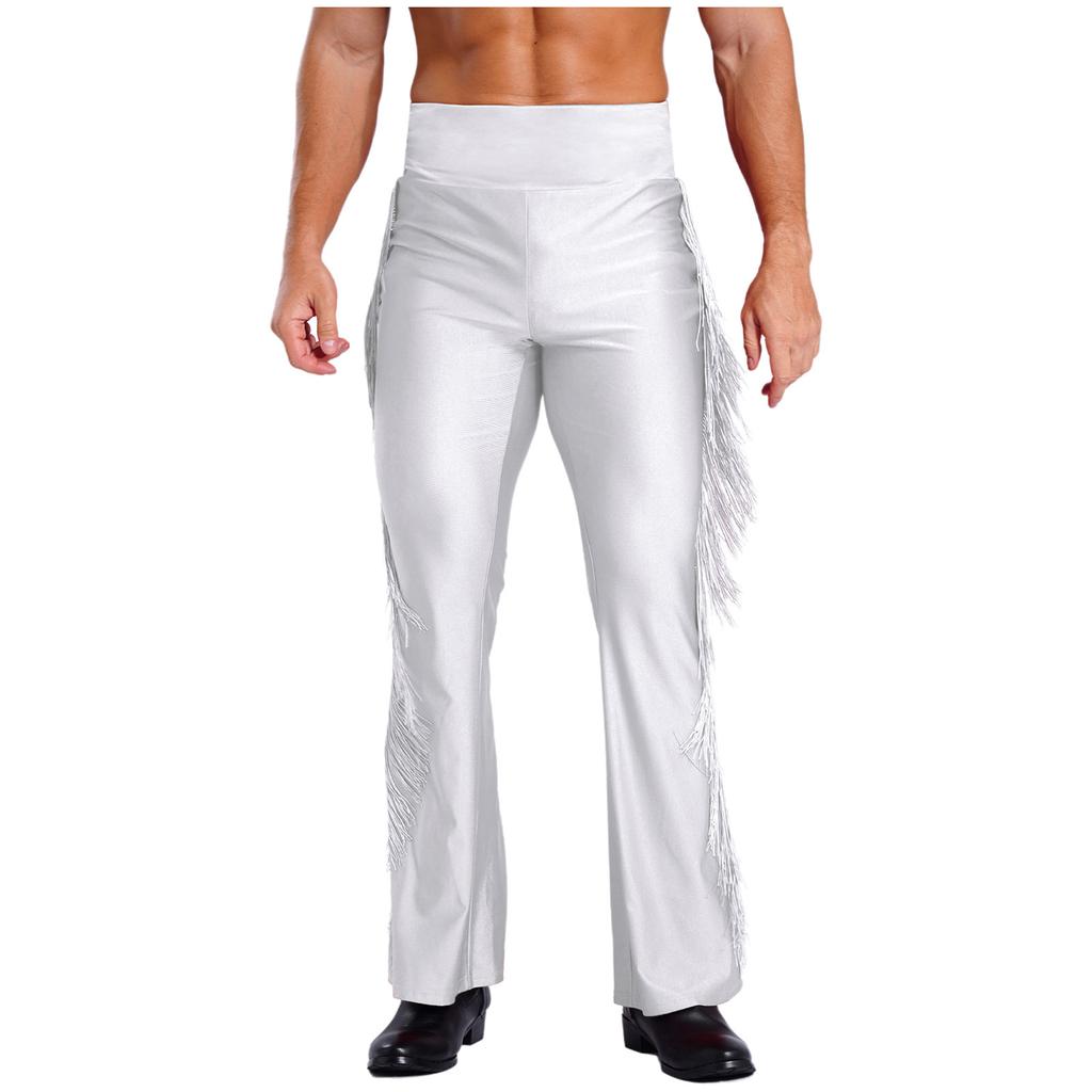 Mens Tassel Flared Pants Vintage High Waist Bell Bottom Trousers Dance Stage Performance
