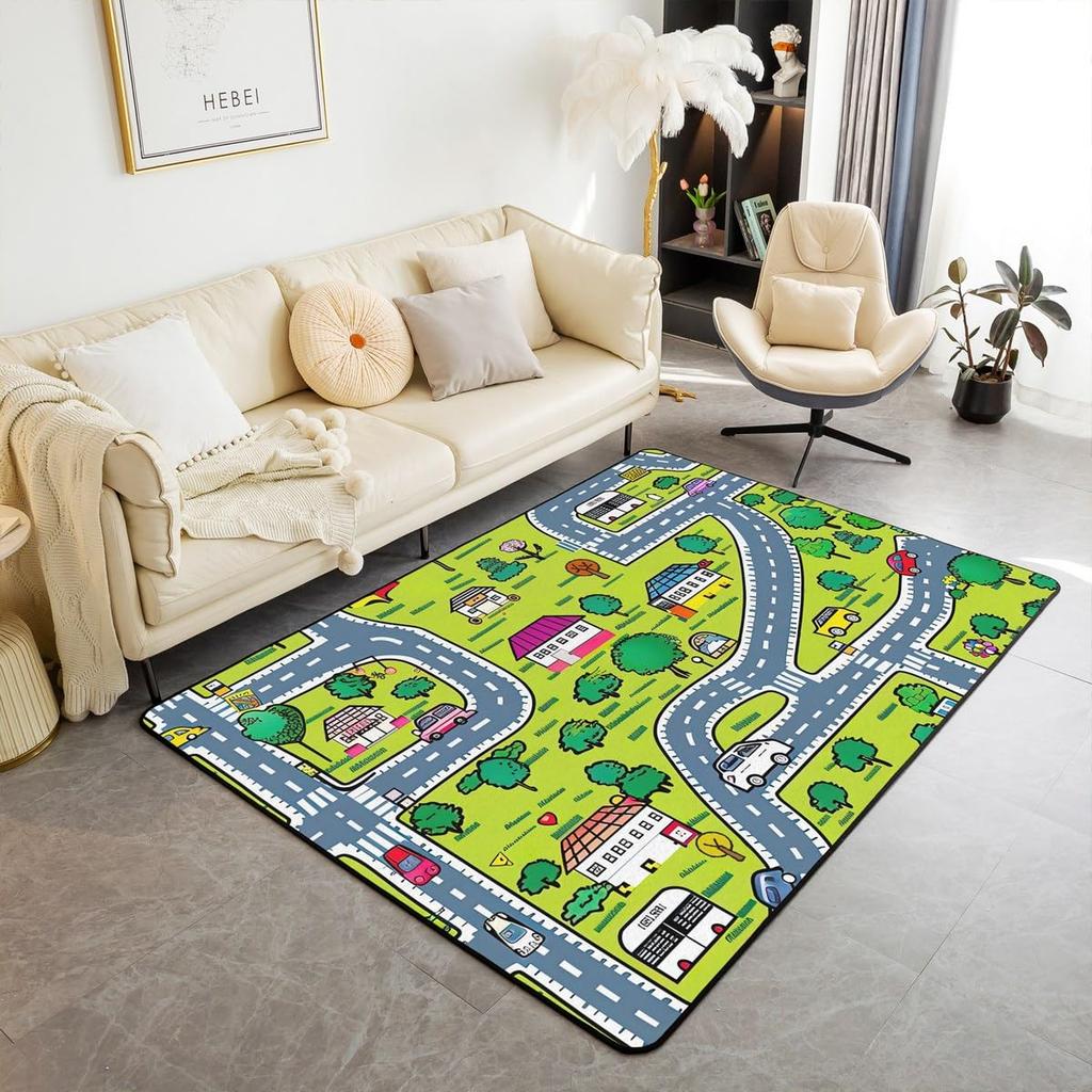 Outdoor Camping Themed Rug, Cartoon Campfire & Wood Non-Slip Floor Mat for Kids Bedroom Playroom Nursery Decor Carpet