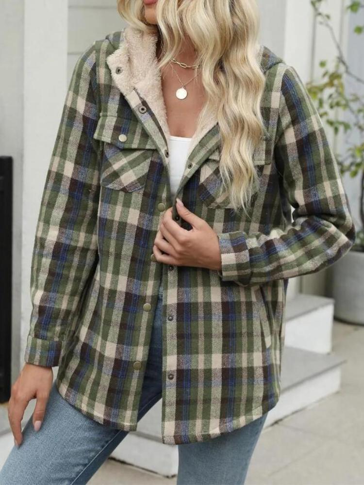 Autumn and winter women's plaid jacket long sleeved hairy hooded jacket with pockets