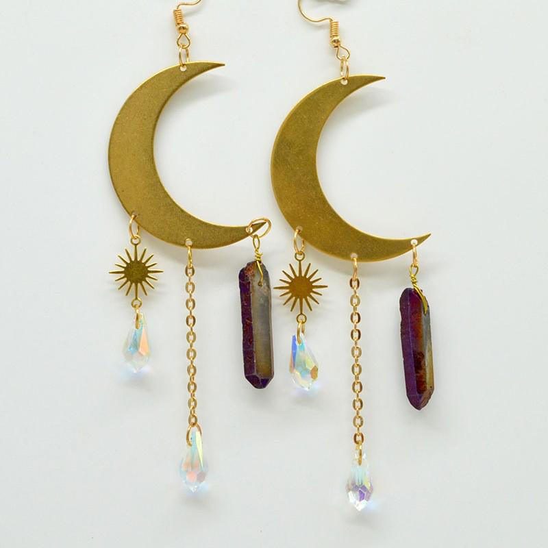 Multi-colored Copper Moon and Sun Raindrop Crystal Earrings