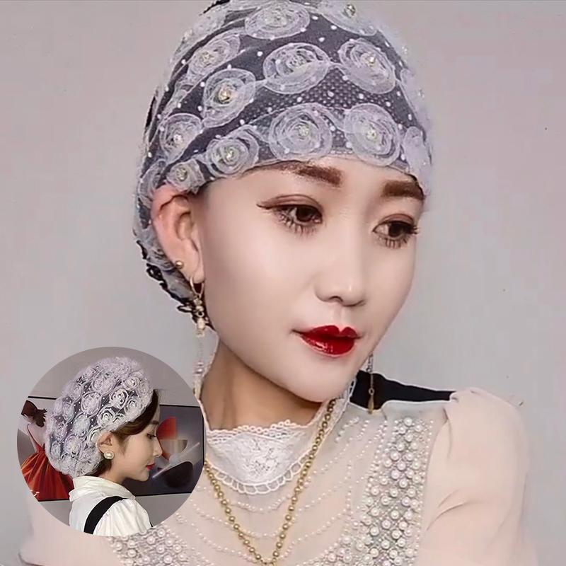 Beautiful Diamonds Flower Women'S Lace Turban Hat Breathable Mesh Summer Muslim Headwear Hat Female Daily Beanie Hair Wraps