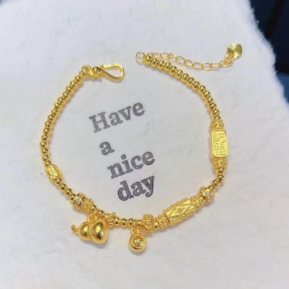 Women's Sand Gold Gourd Charm Beaded Bracelet - New Chinese Style, Retro National Design, Long-Lasting Color Retention