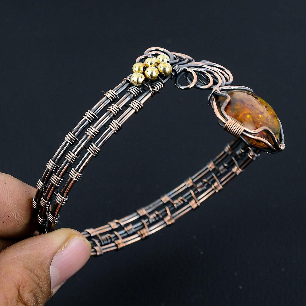 Baltic Amber Bangle, 999 Copper Wire Wrapped Gemstone Jewelry, Handmade Bangle For Memorial Day