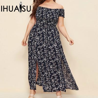 Damen-Kleid in Übergröße, lässig, Bohemian-Print, schulterfrei, einzeiliger Ausschnitt, Schlitz, langer kleiner Blumenrock